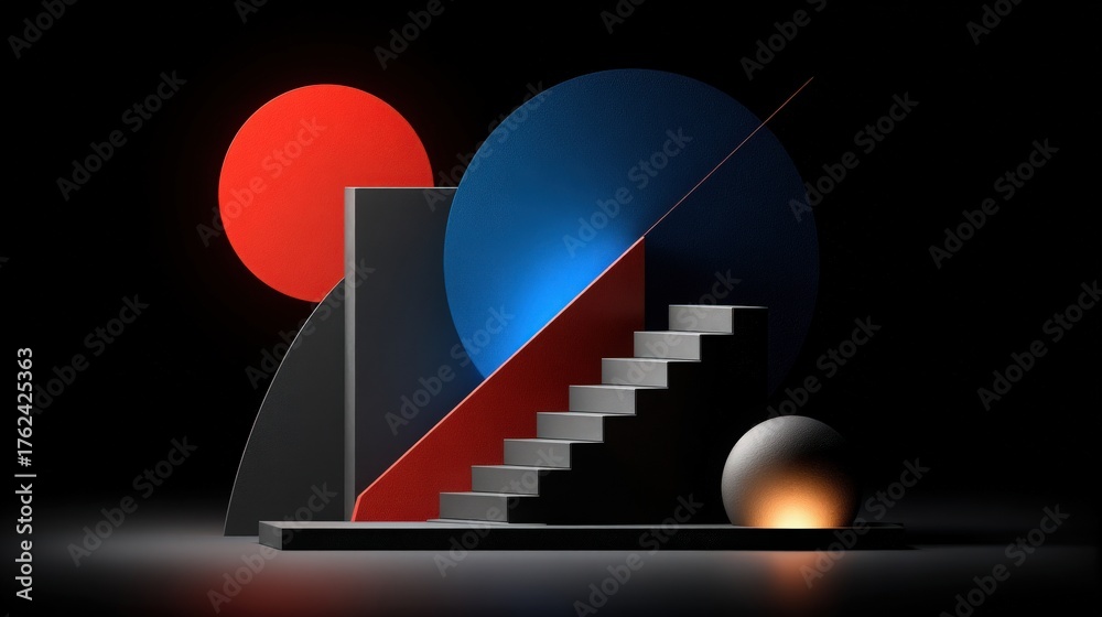 This artwork displays a captivating arrangement of geometric shapes, including circles and a stairway, against a dark background.