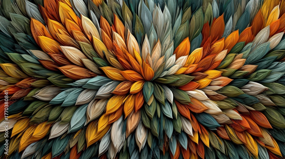 This artwork features a dynamic arrangement of leaves in various shades of green, orange, and cream. The design creates a lively and textured visual effect, reminiscent of autumn.