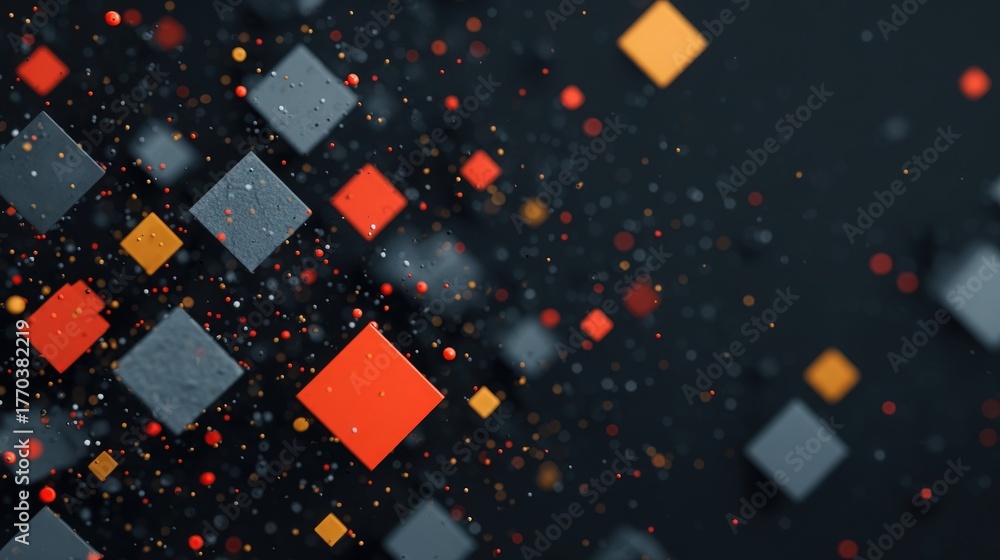 This artwork features a lively arrangement of squares in shades of red, orange, gray, and black. The squares float and scatter in a dynamic pattern, creating a sense of motion and energy.