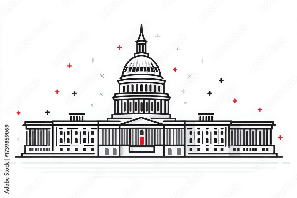 This artwork features a stylized version of a prominent governmental building. The design incorporates bold colors and modern graphic elements, showcasing the structures grandeur.