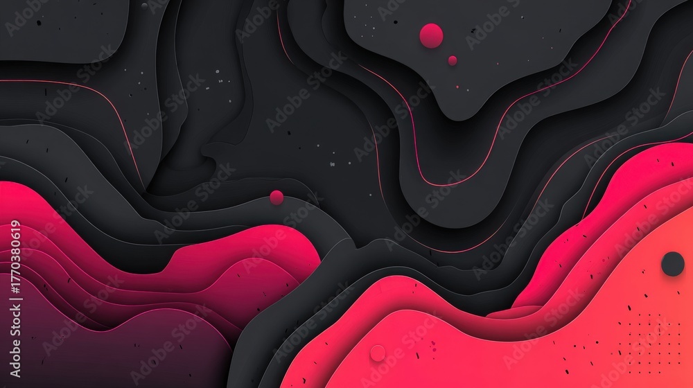 This artwork features an abstract design composed of flowing shapes in shades of black and red. The smooth curves create a sense of depth and movement, highlighting modern artistic expression.