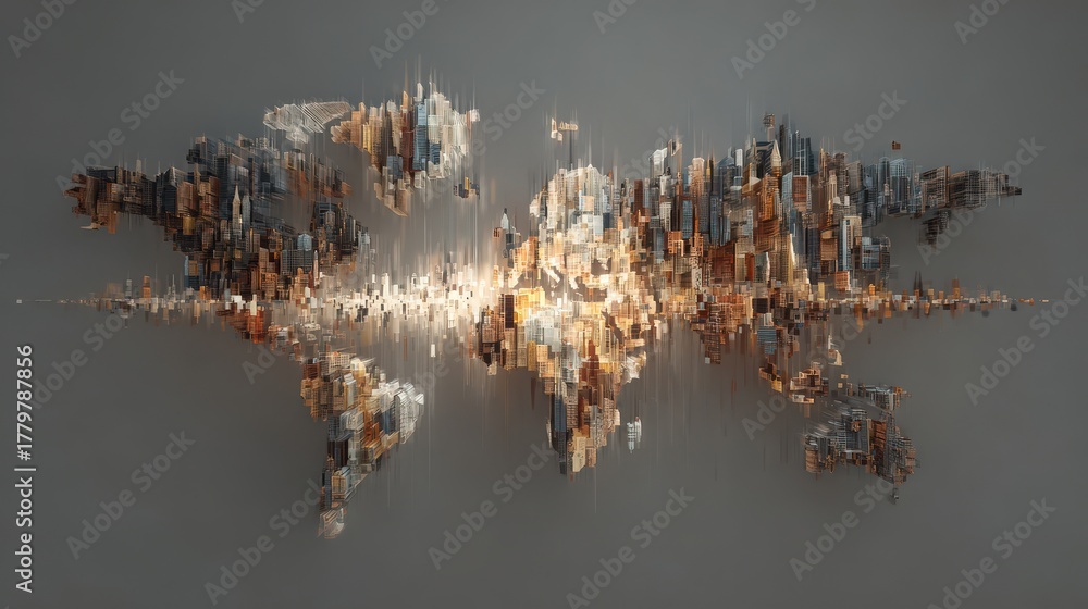 This artwork showcases a unique representation of a world map crafted from various materials. The map features a blend of colors and textures, creating a stunning visual experience.