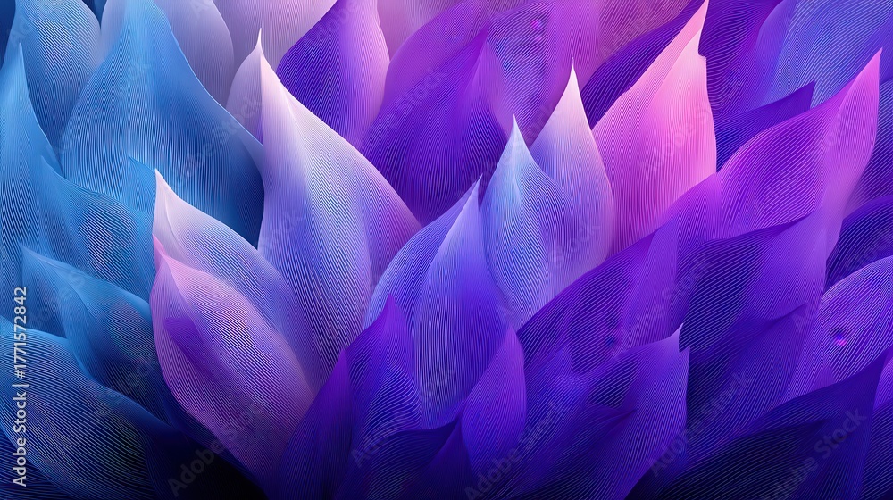 This artwork showcases an abstract formation of layered leaves in shades of purple, blue, and pink. The flowing shapes create a dynamic and colorful visual experience, inviting contemplation.