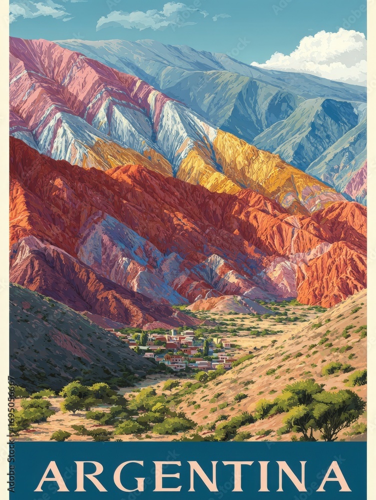 This captivating view showcases the vivid colors of Argentinas mountains, featuring deep reds, oranges, and blues. A picturesque village nestled in the valley enhances the serene atmosphere.