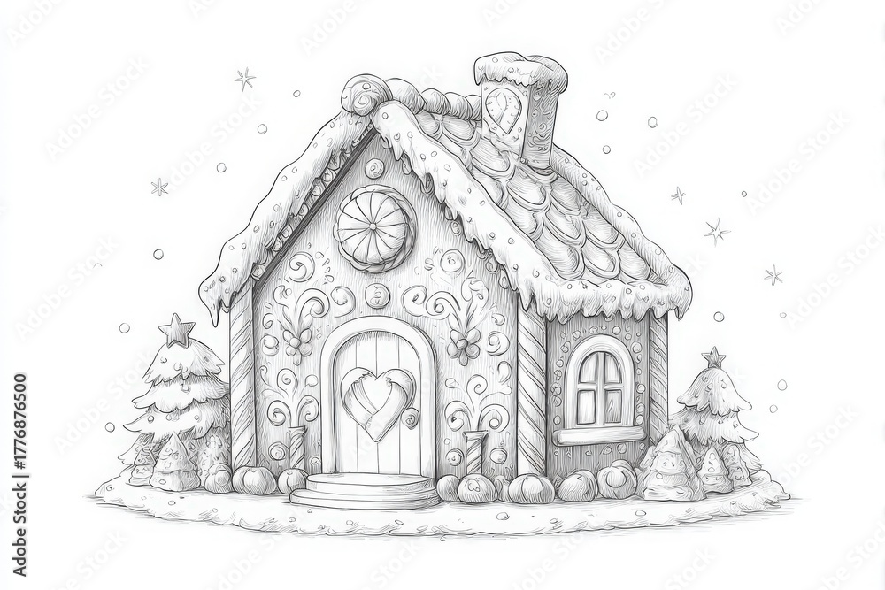 This charming gingerbread house features a decorated exterior with snow on the roof. It is surrounded by small, festive trees. The inviting doorway and heart-shaped window add to its warmth.