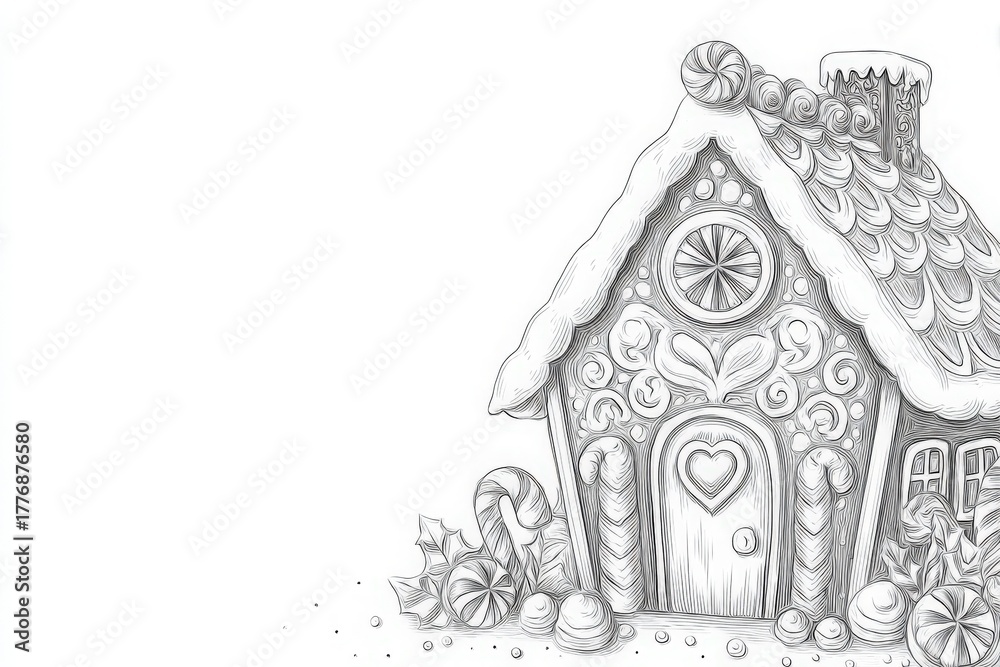 This charming gingerbread house features candy decorations with a snowy roof. Intricate details highlight its whimsical design, evoking a festive winter atmosphere perfect for holiday celebrations.