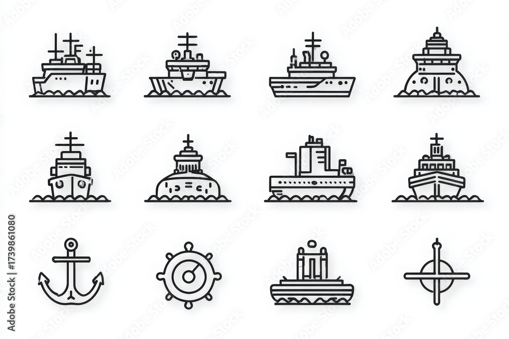 This collection features outline illustrations of various ships, including cargo vessels, tugboats, and other marine symbols like anchors and steering wheels, all set against a white background.
