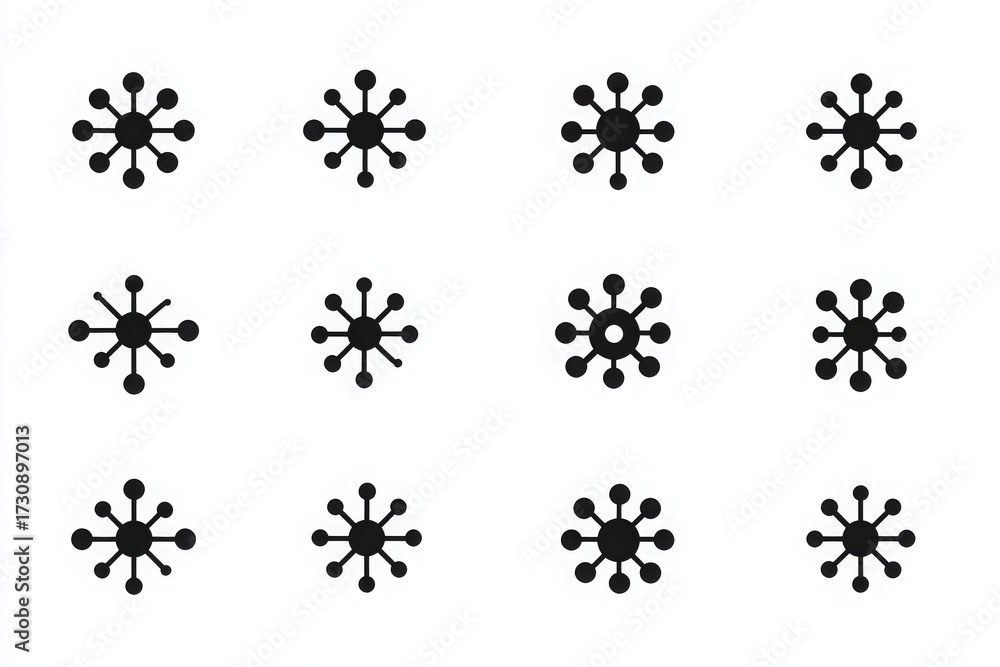 This design consists of multiple circular forms with small protrusions, arranged in a 4×3 grid. The circles have various sizes and patterns. The artwork showcases simplicity and modernity.