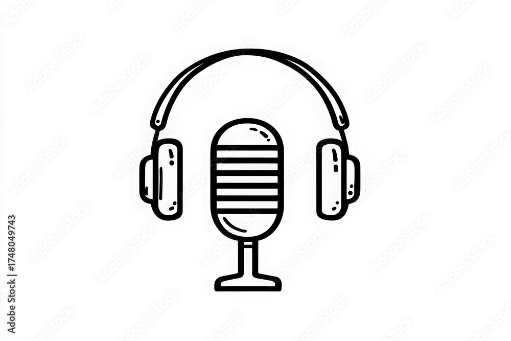 This design features a microphone with headphones, symbolizing audio recording and streaming. The simple and clean lines give a modern feel suitable for various media related contexts.