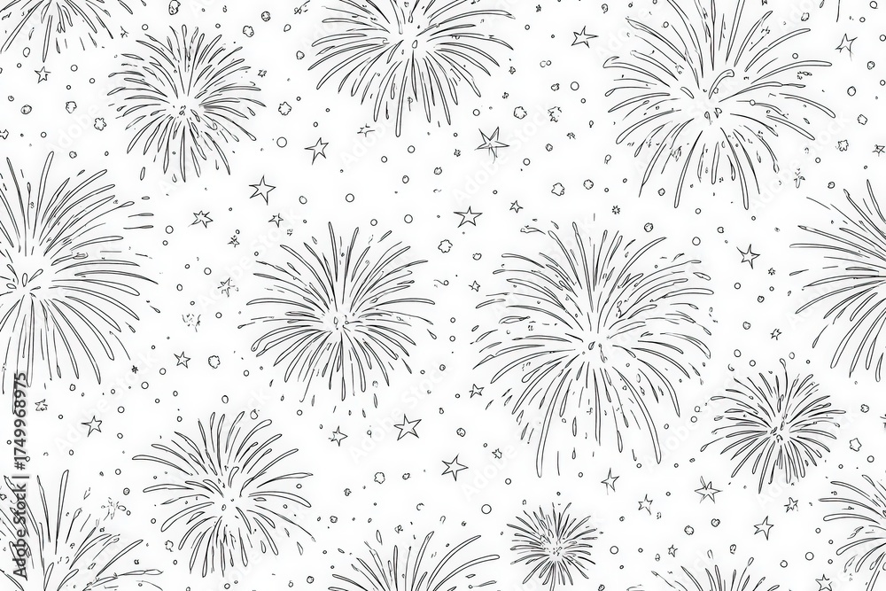 This design features a repeated pattern of fireworks and stars against a plain background. The fireworks are drawn in simple lines, creating a celebratory feel ideal for events and festivities.
