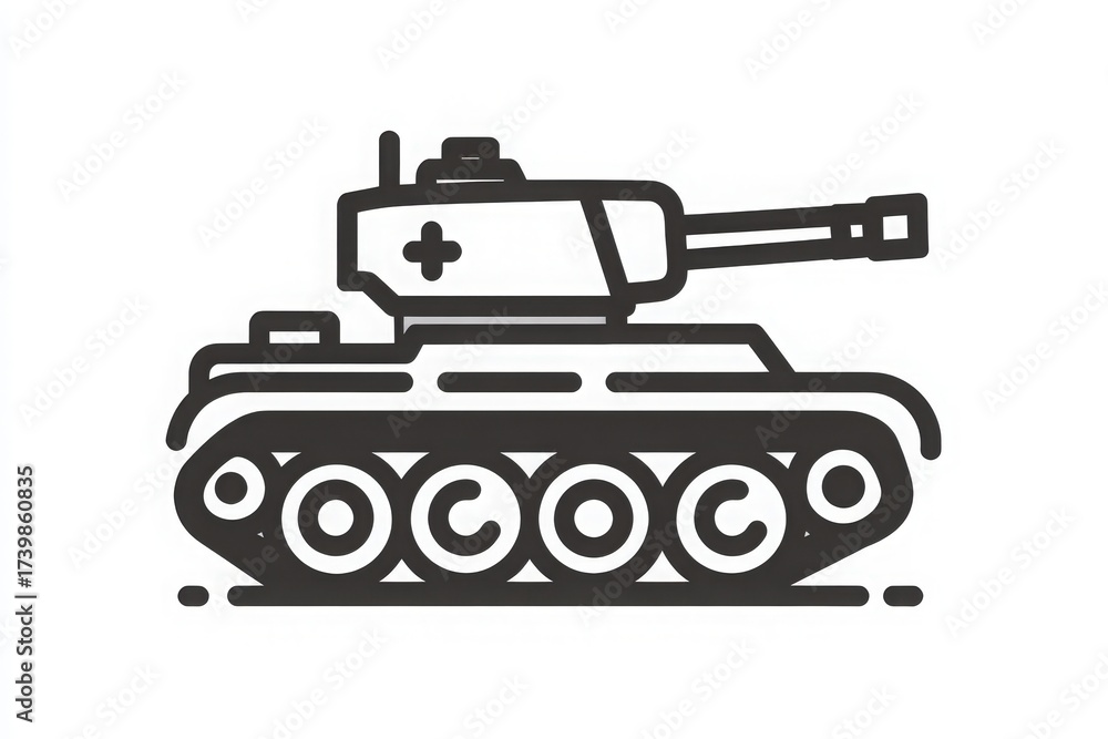 This illustration features a military tank with a robust design and strong lines. The tank is depicted in a simple style, emphasizing its powerful shape and military characteristics.