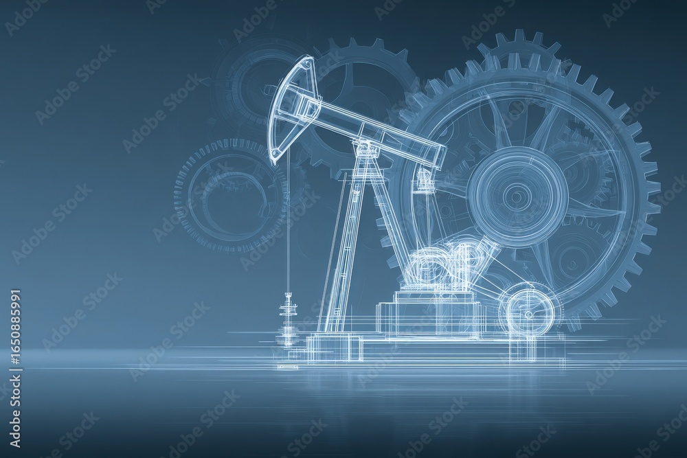 This illustration showcases an oil pump jack alongside a large gear, highlighting the synergy between energy extraction and machinery. The design emphasizes technical details in a modern style.