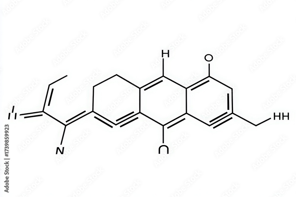 This is a detailed representation of a complex organic compounds structure, showcasing various functional groups. The intricate lines depict atoms and bonds, highlighting its chemical makeup.