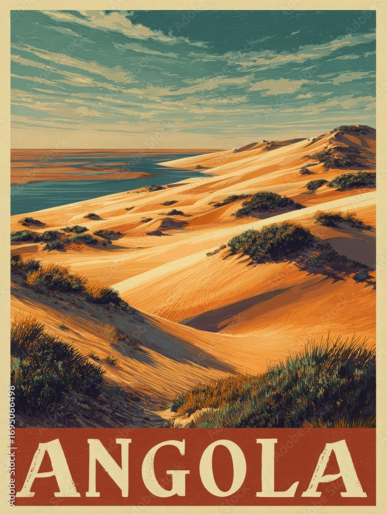 This landscape showcases expansive golden sand dunes in Angola, with gentle vegetation peeking through the sand. The sky is bright with scattered clouds, enhancing the tranquil atmosphere.