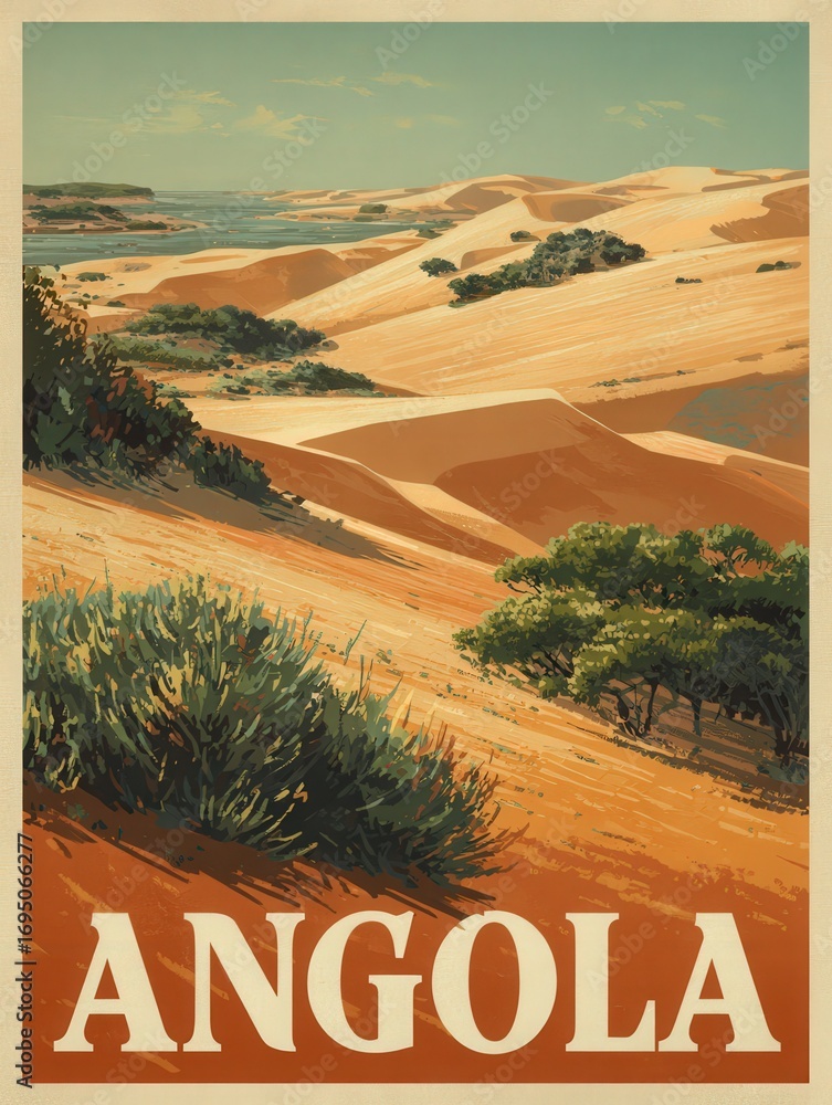 This picturesque view highlights the vast sand dunes of Angola, complemented by patches of green vegetation under a bright sky. The serene landscape captures the beauty of natures contrasts.