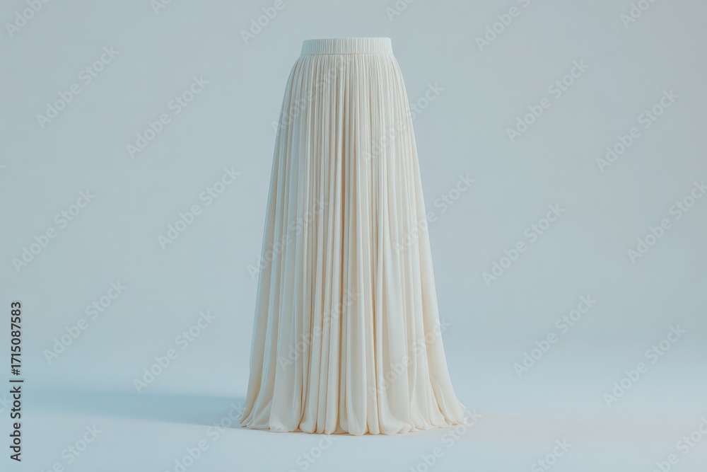 This pleated skirt features a flowing design in a soft, light color. The fabric drapes elegantly, creating a graceful silhouette that stands out against the calm blue backdrop.