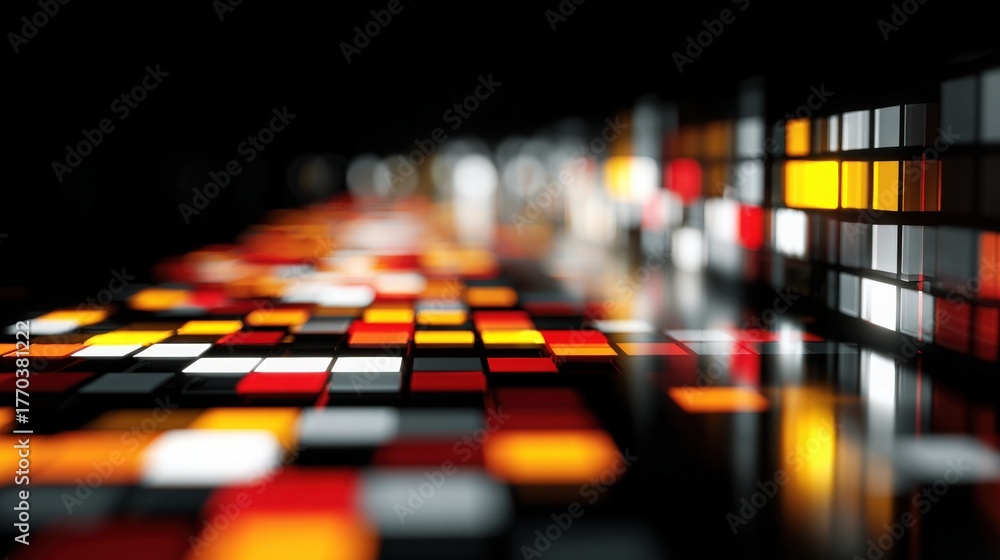 This scene features a dynamic arrangement of colorful squares in orange, white, and red. The squares reflect light, creating a mesmerizing effect on a dark surface.