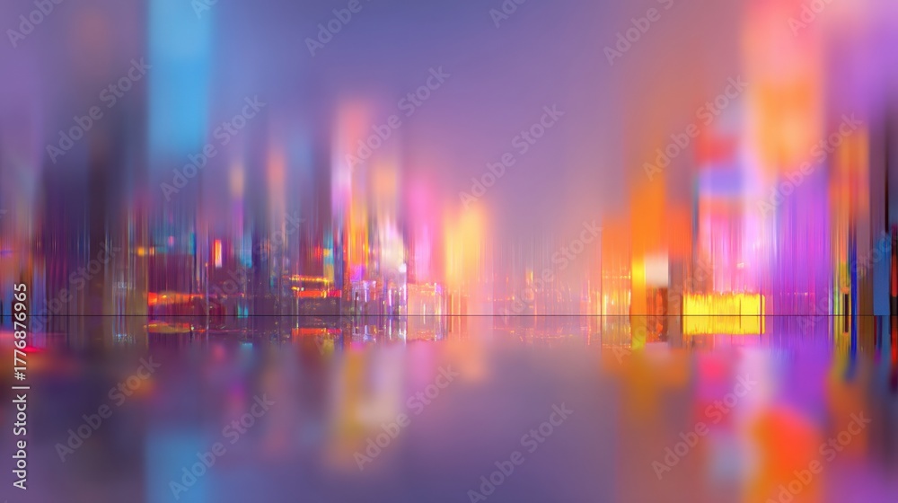 This scene features a vibrant abstract depiction of a city skyline at night, filled with colorful lights reflecting off a smooth surface.