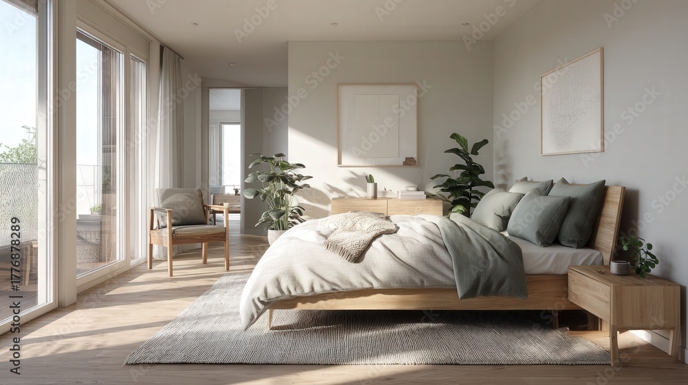 This spacious bedroom features large windows allowing abundant natural light to illuminate the serene space. Neutral tones and minimalist decor create a calming atmosphere, ideal for relaxation.