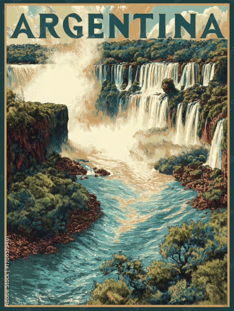 This spectacular scene showcases the breathtaking Iguazu Falls in Argentina, surrounded by dense greenery and flowing water. The vibrant nature highlights the scenic beauty of this iconic location.