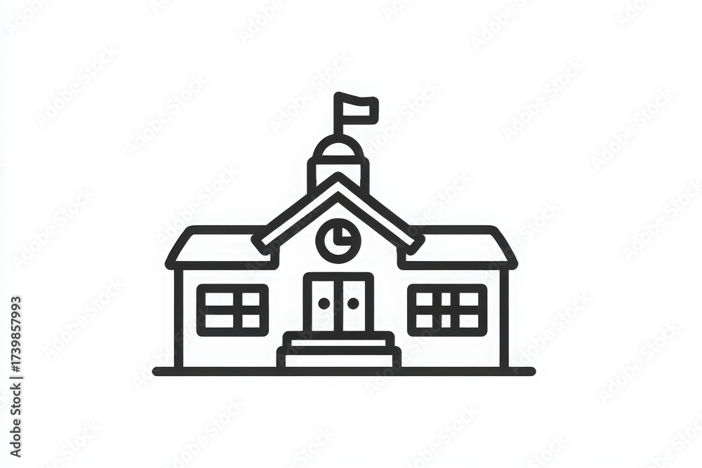 This structure features a classic school design, complete with a clock on the front and a small flag atop the roof. Its symmetrical windows and central entrance enhance its welcoming appearance.