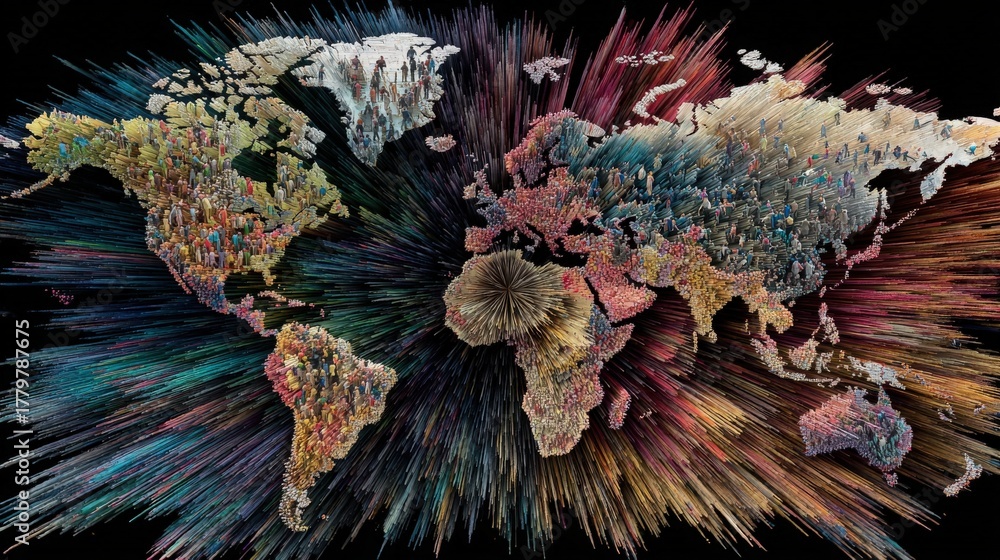 This unique world map displays a 3D representation of global population data, featuring colorful spikes and textures that highlight different regions. The design is both artistic and informative.