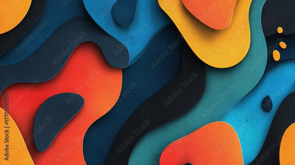 This vibrant design features layered abstract shapes in bright colors like orange, blue, and yellow. The curved forms create a lively and dynamic composition suitable for creative projects.