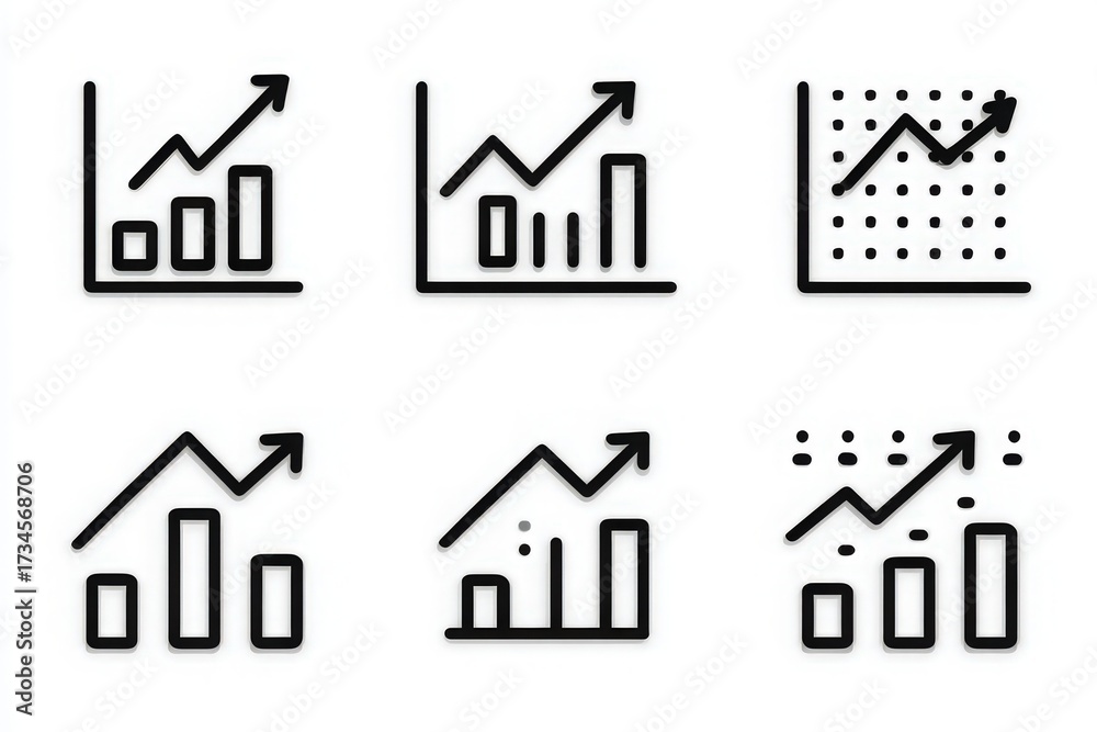 This visual showcases six different styles of graphs, all depicting an upward trend. These representations are commonly used for data analysis, illustrating growth and progress in various fields.