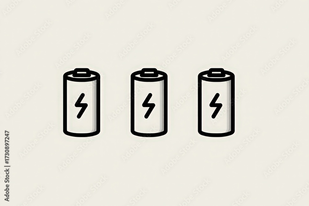 Three battery symbols are arranged in a row, each featuring a lightning bolt. These symbols represent energy sources commonly used in various electronic devices and gadgets.