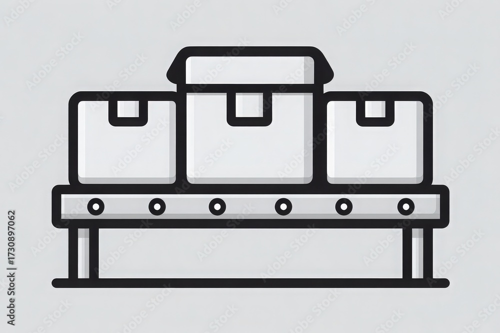 Three boxes are placed on a conveyor belt in a clean and organized storage area. The setting is bright and minimalist, highlighting efficiency and order.