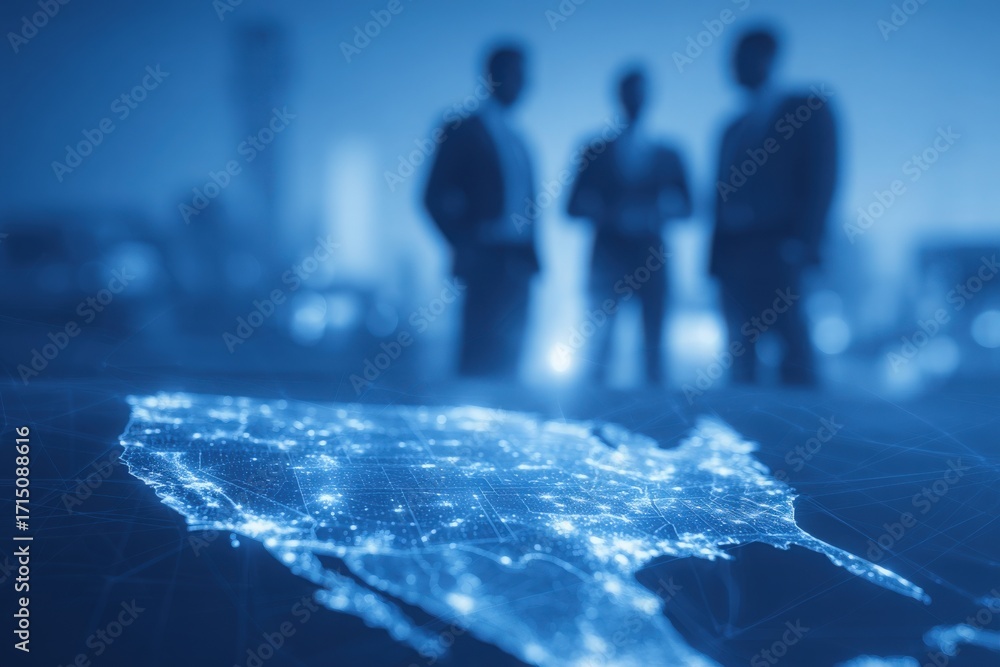 Three business professionals stand in silhouette against a city backdrop. In the foreground, a glowing digital map illustrates connectivity across a region, emphasizing data-driven discussions.