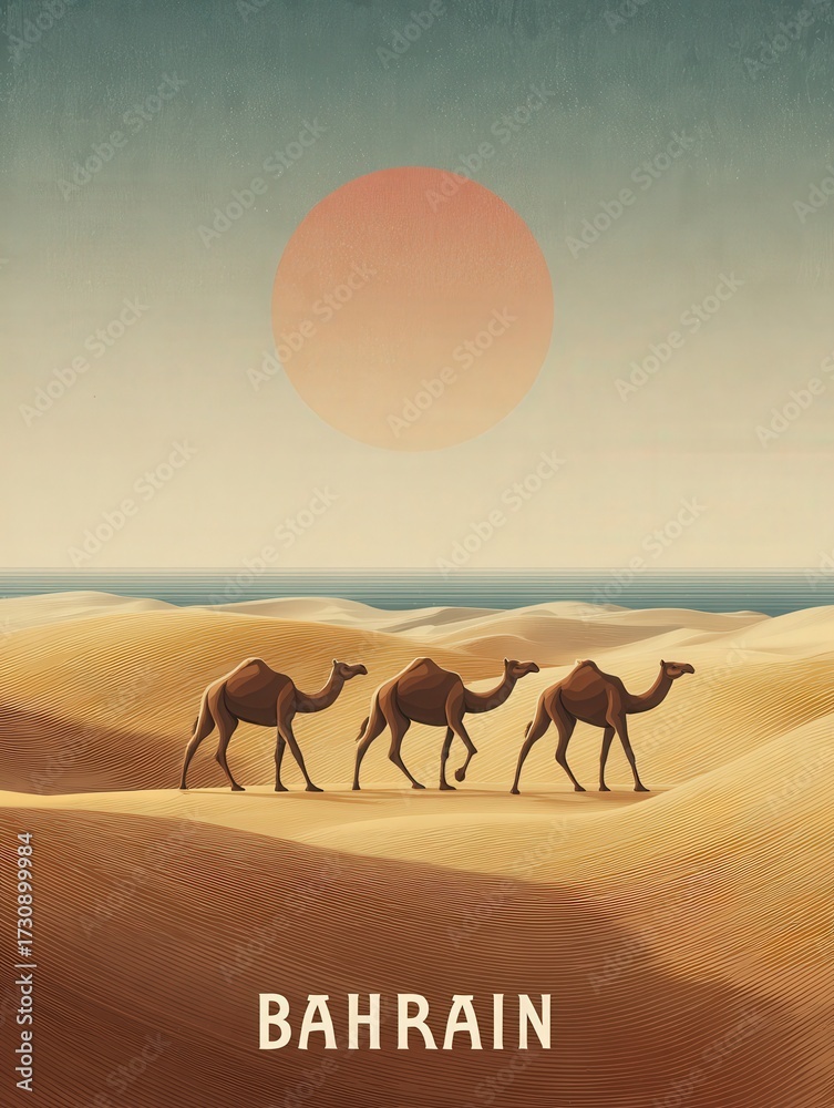 Three camels walk across the golden sand dunes of Bahrain as a large sun sets in the background. The calm ocean glimmers in the distance, creating a serene landscape.