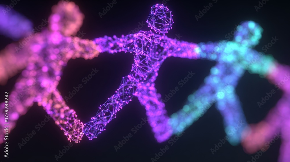 Three colorful digital figures, composed of glowing lines and points, represent people holding hands. This artistic depiction highlights themes of unity and connection in a vibrant, abstract style.