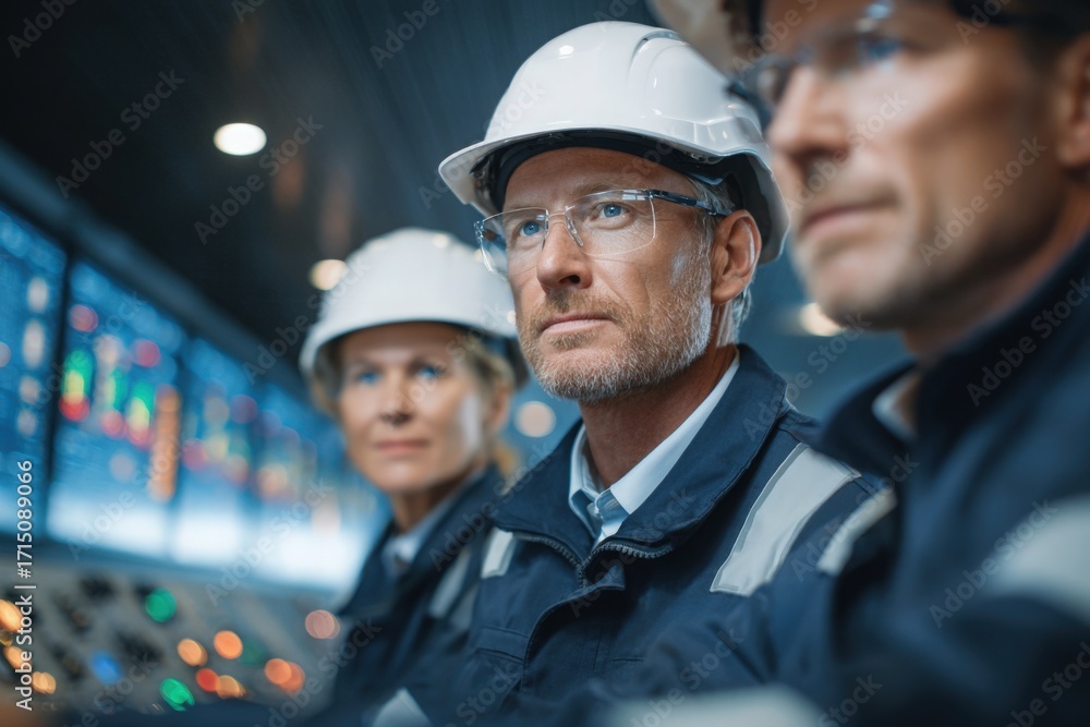Three engineers focus intently on monitoring control panels in a modern industrial control room. The scene is bright with digital displays and indicators showing various metrics.