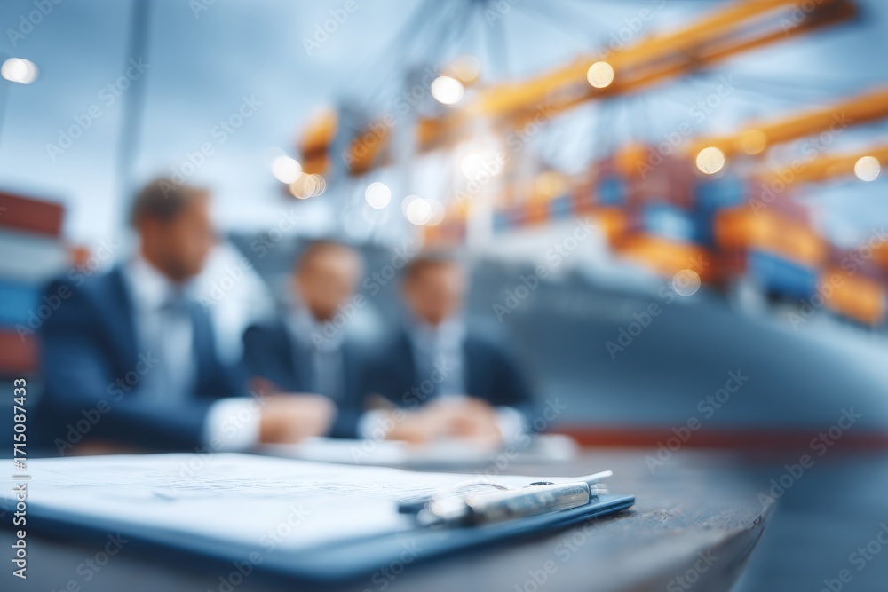 Three professionals sit around a table at a busy shipping port, engaging in discussions about logistics and trade, with cranes and containers visible in the background during twilight hours.