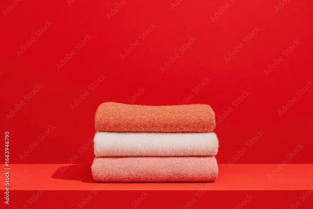 Three soft towels are stacked in a minimalistic design against a vivid red background. The colors include two shades of orange and a white towel, creating a warm and inviting display.