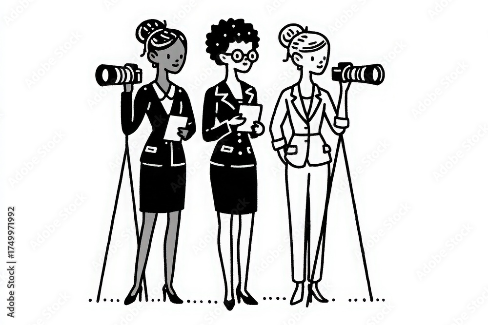 Three women stand together at a professional event, each holding a camera and equipment. They are prepared to document the occasion, showcasing their skills and talent in photography.
