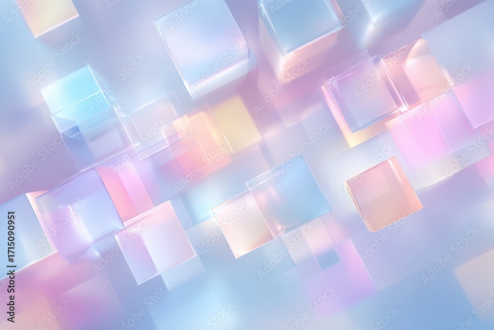 Translucent cubes in shades of blue, pink, and purple float in a soft, hazy background. The gentle blend of colors creates a serene and dreamy atmosphere.