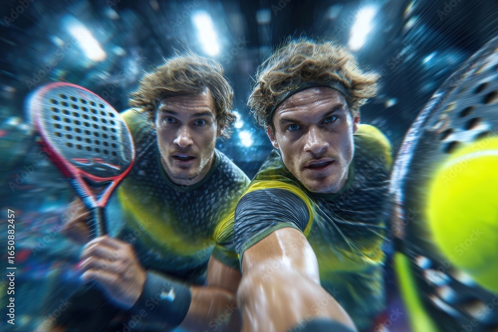 Two athletic male players are captured mid-action, reaching for a tennis ball during a competitive match inside a vibrant indoor arena. Their expressions reflect focus and determination.