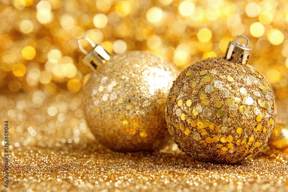 Two beautifully designed golden ornaments rest on a sparkling gold surface. The background glitters with tiny lights, creating a cheerful holiday atmosphere perfect for celebrations.