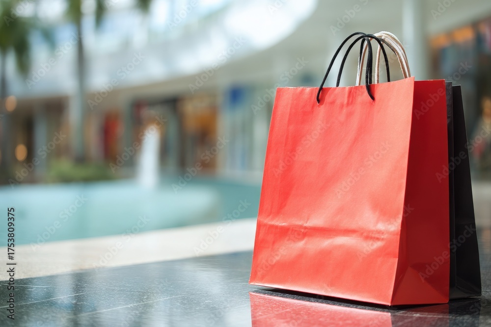 Two colorful shopping bags are placed on a sleek surface in a contemporary shopping plaza. A decorative fountain is visible in the background, adding to the festive atmosphere.