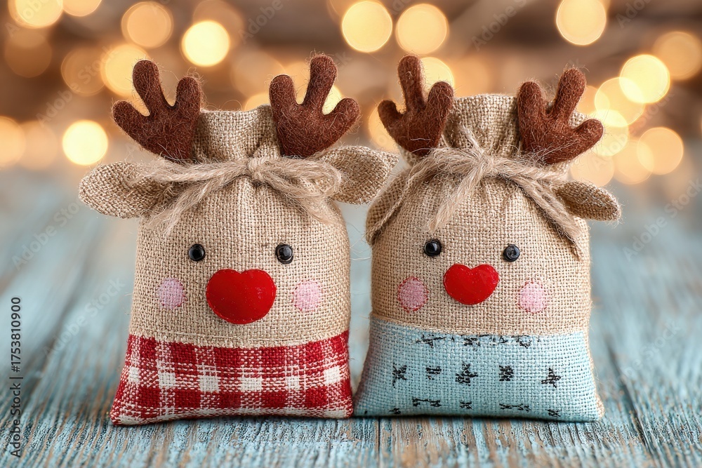 Two cute reindeer plush toys with stitched faces and antlers sit on a wooden table. Soft lights create a warm, festive atmosphere, perfect for the holiday season.