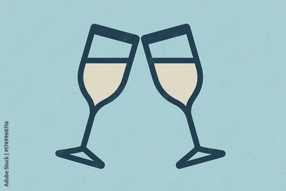 Two elegant champagne glasses are clinking together in a toast, symbolizing joy and celebration. The background is a calming light blue, adding a festive touch to the moment.