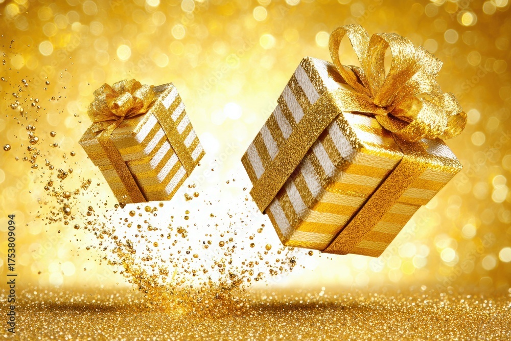 Two golden gift boxes with ribbons hover in a shimmering background filled with sparkles. The scene captures a joyful, celebratory atmosphere perfect for the holiday season or special occasions.