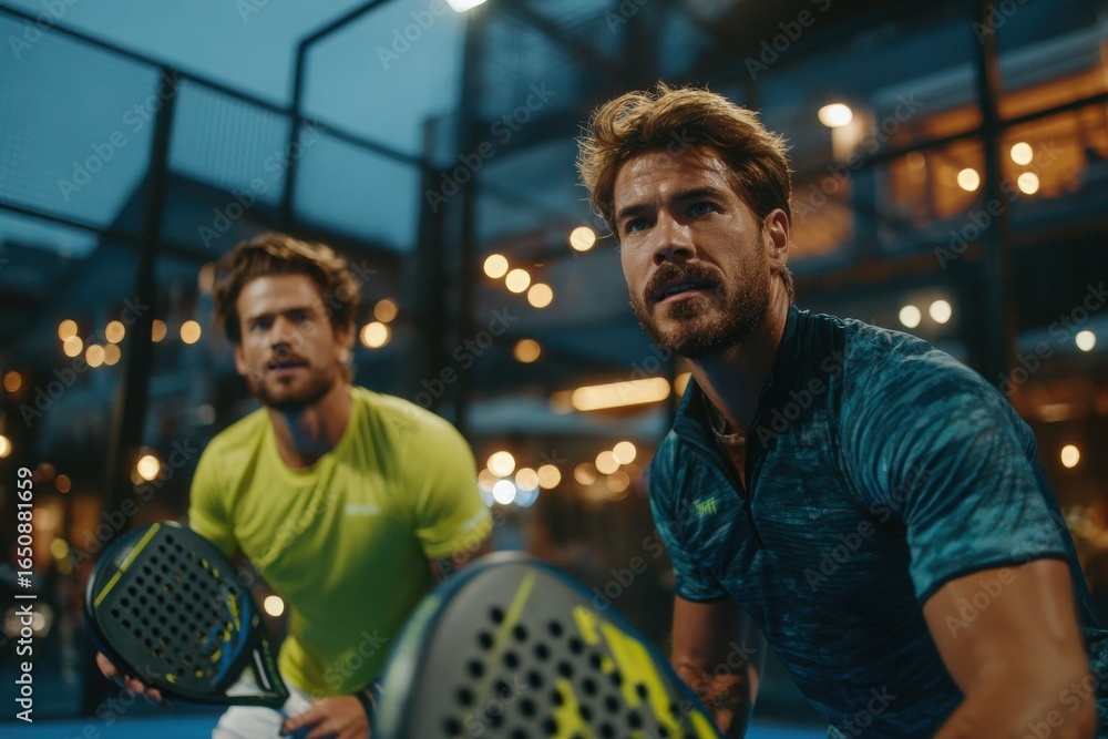 Two male players focus intently on the ball while playing padel at dusk. The vibrant city lights create a lively backdrop as they prepare for a competitive rally.