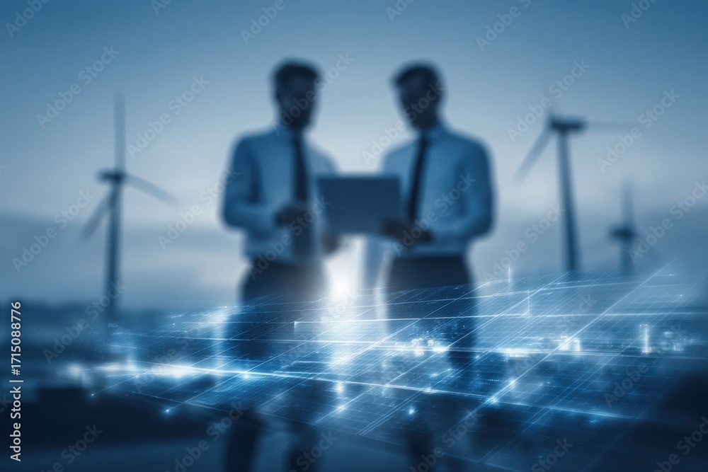 Two men in formal attire stand together, analyzing a laptop while wind turbines spin in the background. The scene captures a moment of teamwork and technology in a sustainable environment.