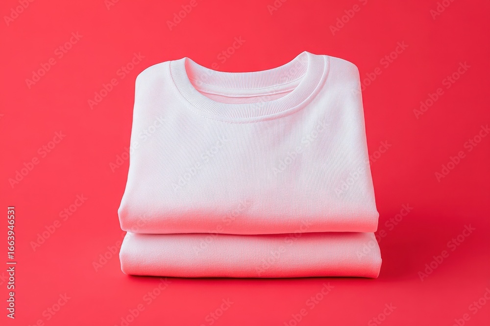 Two neatly folded white crew neck sweatshirts are stacked atop each other against a bold red background. The smooth fabric and clean lines create a simple yet appealing aesthetic.