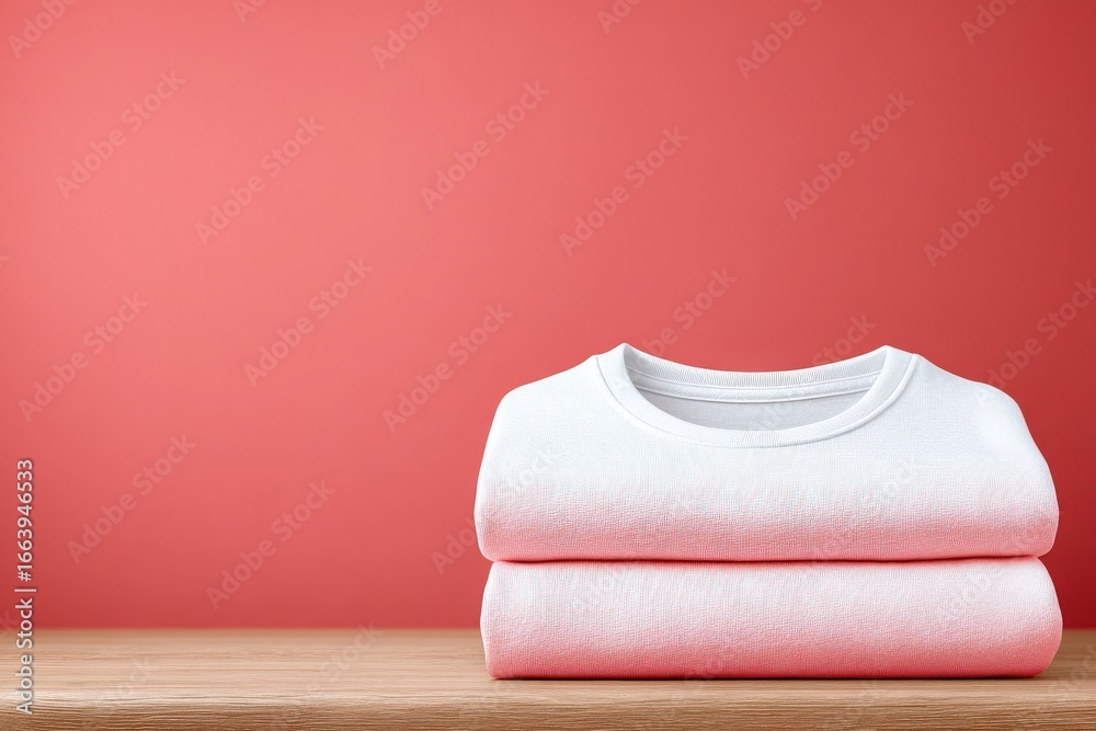 Two neatly folded white sweatshirts sit on a wooden table in front of a vibrant coral wall, creating a warm and inviting setting that highlights simple elegance.