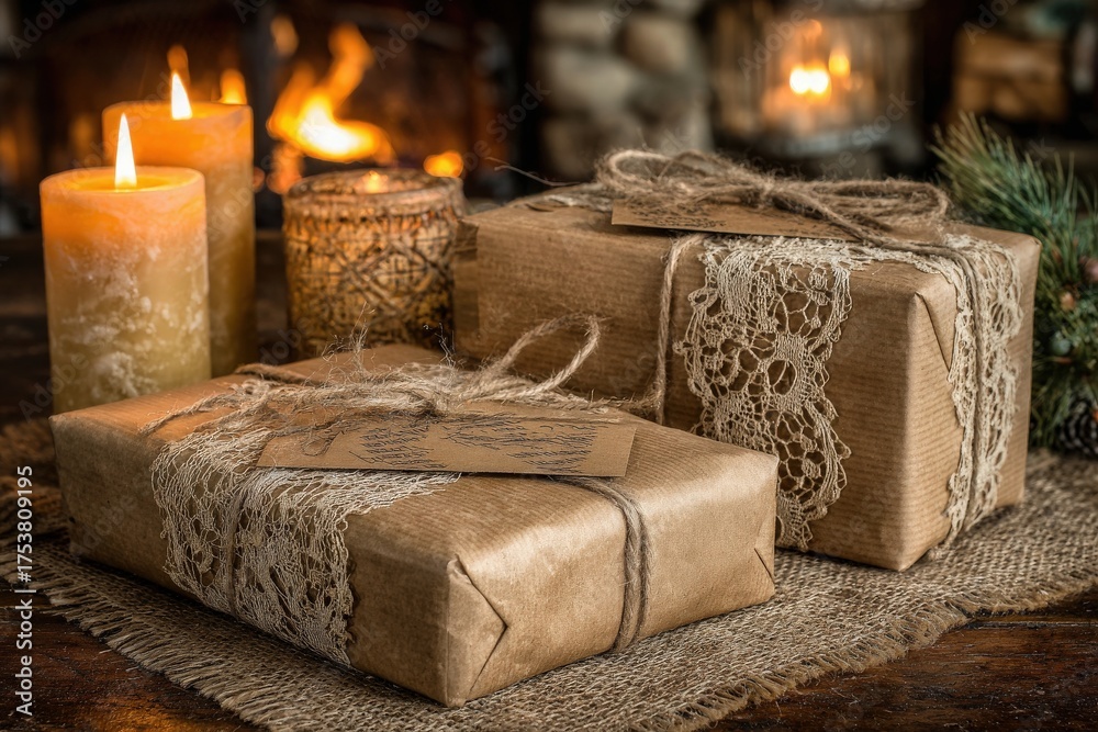 Two neatly wrapped presents sit on a rustic table, adorned with lace and twine. Soft candlelight flickers nearby, enhancing the cozy atmosphere during the holiday season.