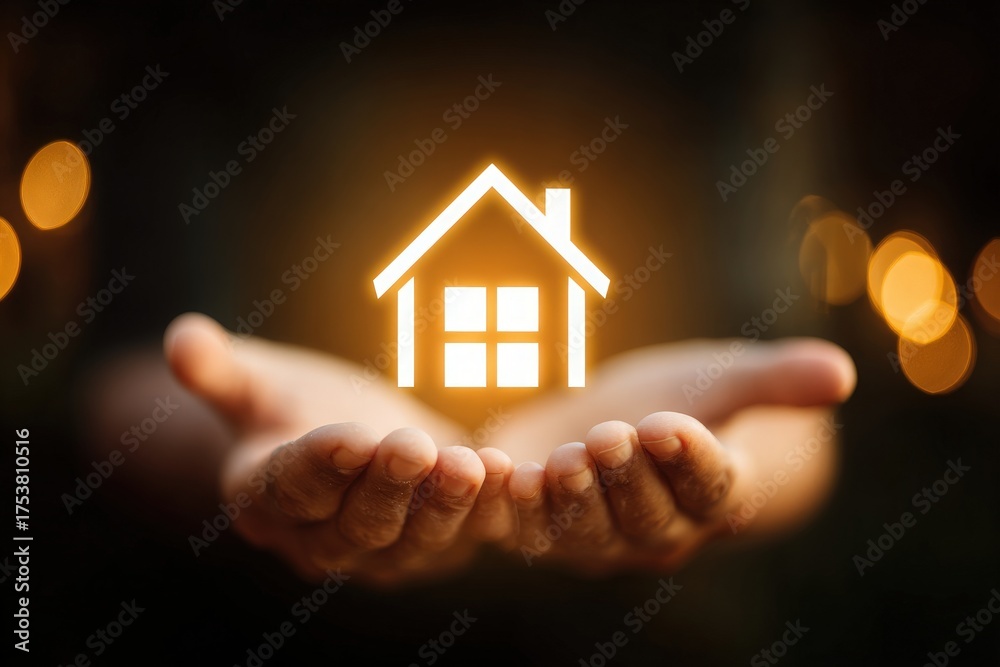 Two open hands cradle a glowing house icon, representing home ownership and security. The warm glow and soft background create a feeling of safety and comfort.